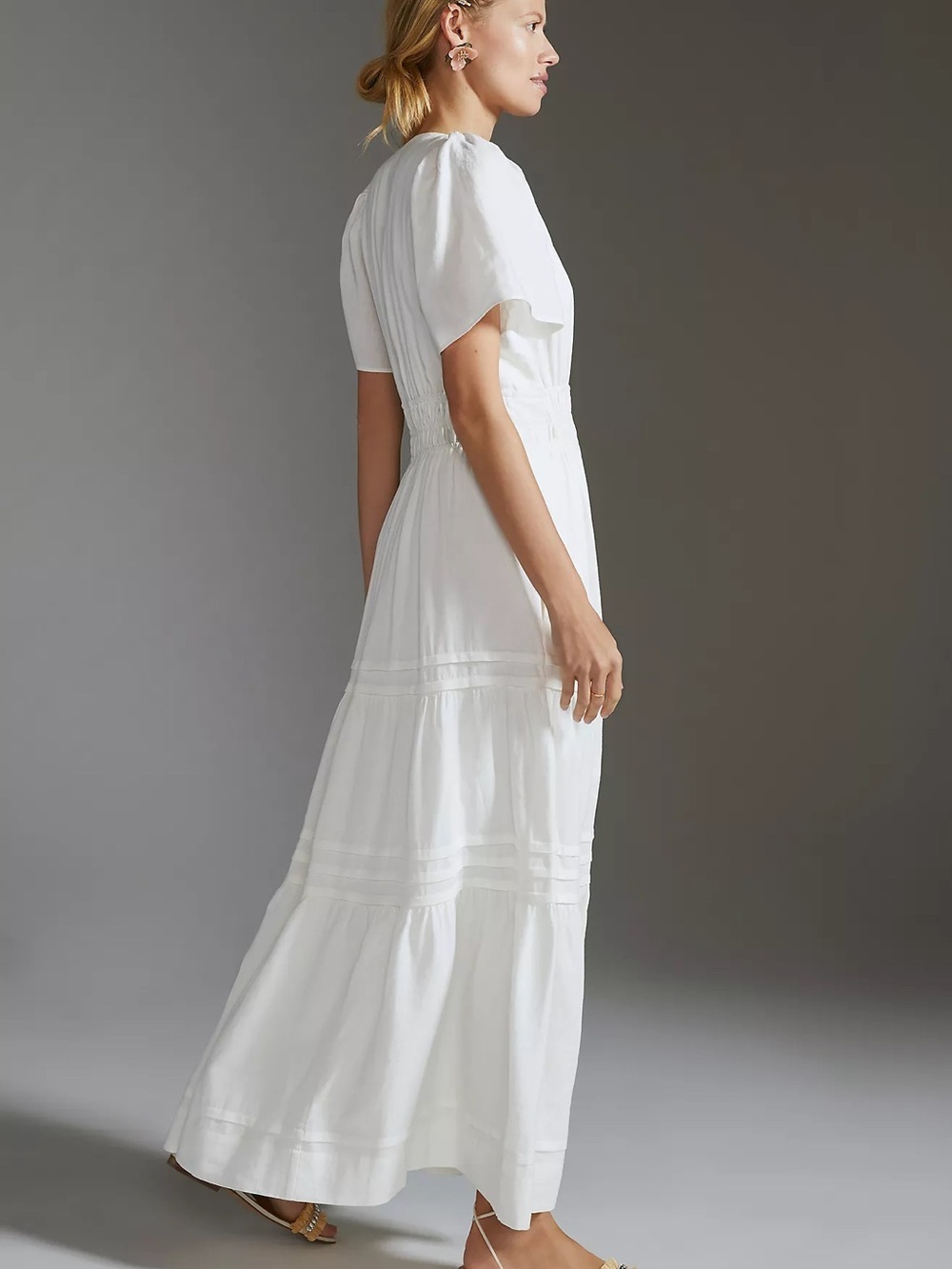 Anthropologie Somerset Maxi Dress Tiered Smocked Split Neck Linen White Size Xs - Picture 5 of 14